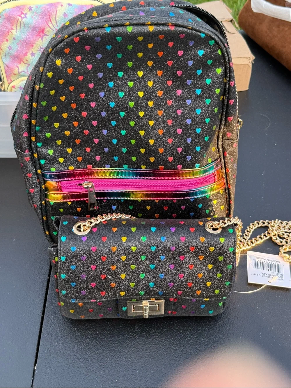Olivia Miller Black Glitter Heart Backpack and Chain Crossbody with Rainbow Trim
